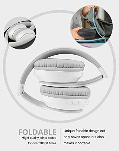 rockpapa E7 Over Ear Wireless Bluetooth Headphones with Mic Include Travel Case, Foldable Wired/Wireless Headphones with Microphone for Kids Childrens Boys Girls Teen Youth Adult White Grey