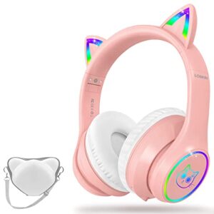 LOBKIN Bluetooth 5.1 Kids Headphones with Case - RGB LED Light Up Cat Ears Foldable Adjustable On-Ear Headset Support Wireless or 3.5mm Wired Mode for Toddler & Girls & Boys Teens (Pink)