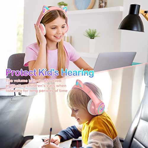 LOBKIN Bluetooth 5.1 Kids Headphones with Case - RGB LED Light Up Cat Ears Foldable Adjustable On-Ear Headset Support Wireless or 3.5mm Wired Mode for Toddler & Girls & Boys Teens (Pink)