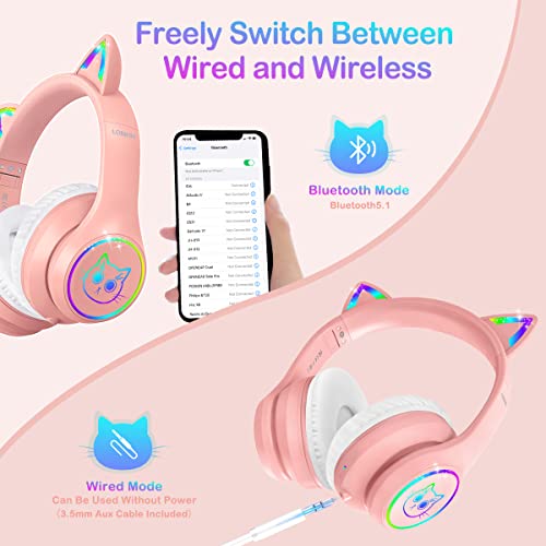 LOBKIN Bluetooth 5.1 Kids Headphones with Case - RGB LED Light Up Cat Ears Foldable Adjustable On-Ear Headset Support Wireless or 3.5mm Wired Mode for Toddler & Girls & Boys Teens (Pink)