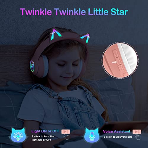 LOBKIN Bluetooth 5.1 Kids Headphones with Case - RGB LED Light Up Cat Ears Foldable Adjustable On-Ear Headset Support Wireless or 3.5mm Wired Mode for Toddler & Girls & Boys Teens (Pink)