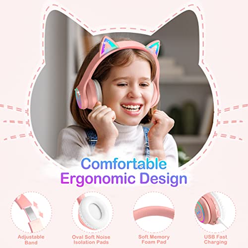 LOBKIN Bluetooth 5.1 Kids Headphones with Case - RGB LED Light Up Cat Ears Foldable Adjustable On-Ear Headset Support Wireless or 3.5mm Wired Mode for Toddler & Girls & Boys Teens (Pink)