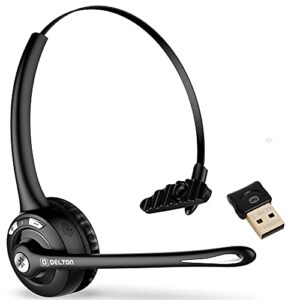 delton 10x trucker bluetooth headset, wireless headphones w/microphone, over the head single earpiece with mic for skype, call centers, truck drivers – 18hrs (with usb dongle)