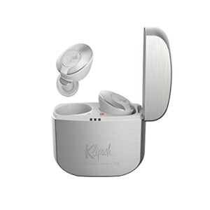 klipsch t5 ii true wireless bluetooth 5.0 earphones in silver with transparency mode, beamforming mics, best fitting ear tips, and 32 hours of battery life in a slim charging case