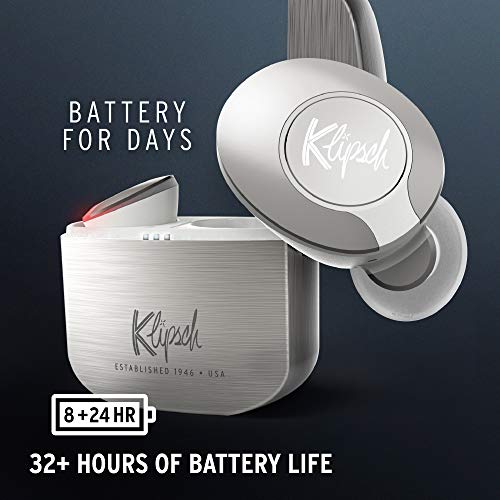 Klipsch T5 II True Wireless Bluetooth 5.0 Earphones in Silver with Transparency Mode, Beamforming Mics, Best Fitting Ear Tips, and 32 Hours of Battery Life in a Slim Charging Case