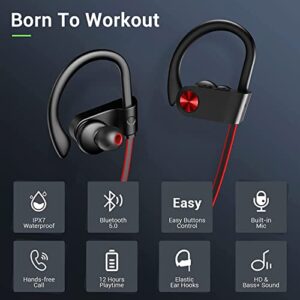 VRIFOZ Bluetooth Headphones, IPX7 Waterproof Wireless Sports Earbuds for Workout Gym, 12 Hrs Playtime Running Headphones with Noise Cancelling Mic, HiFi Bass Stereo in-Ear Earphones - RedBlack