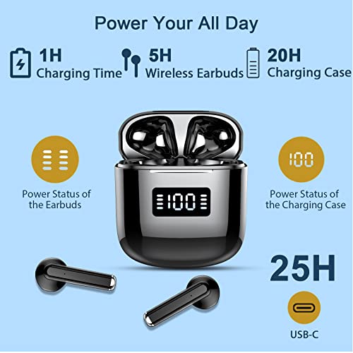 Wireless Earbuds, Bluetoth Earbuds Bluetooth 5.3 Headphones with 4 Mic, 2023 ear buds wireless Headphones, HiFi Stereo Noise Cancelling Bluetooth Earphones, LED Display, 25H Playtime for Sport Black