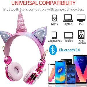 Kids Headphones, Wireless headphones for kids Unicorn headphones for girls Bluetooth headphones w/Mic with Adjustable Headband, Over On Ear Headset for Smartphones/School/Kindle/Tablet/PC Online Study