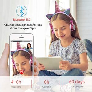 Kids Headphones, Wireless headphones for kids Unicorn headphones for girls Bluetooth headphones w/Mic with Adjustable Headband, Over On Ear Headset for Smartphones/School/Kindle/Tablet/PC Online Study