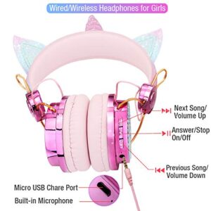 Kids Headphones, Wireless headphones for kids Unicorn headphones for girls Bluetooth headphones w/Mic with Adjustable Headband, Over On Ear Headset for Smartphones/School/Kindle/Tablet/PC Online Study