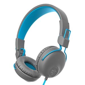 jlab studio on-ear headphones | wired headphones | tangle free cord | ultra-plush faux leather with cloud foam cushions | 40mm neodymium drivers with c3 sound | gray/blue