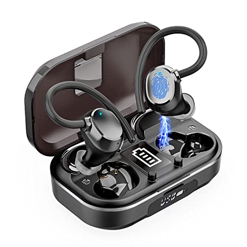 Wireless Earbuds Bluetooth 5.3 Headphones 48hrs Playtime Immersive Bass Bluetooth Earbuds IPX7 Waterproof Earphones with Earhooks Built-in Mic LED Display Headset for Sports Workout Gym Running Black