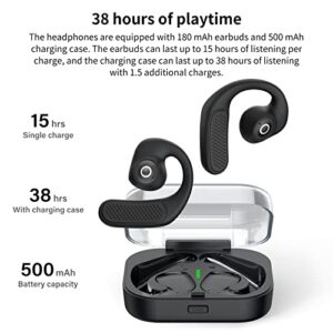 Open Ear Headphones, Wireless Bluetooth 5.3 Earbuds with Charging Case 38H Playtime LED Display, HiFi Stereo Sound Earphones Built-in Mic, Waterproof Headsets with Earhooks for Sports Black