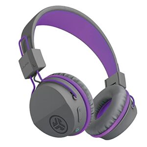 jlab audio jbuddies studio bluetooth on-ear kids headphones | 13 hour battery life | studio volume safe | volume limiter | folding | adjustable | noise isolation | with mic | gray/purple