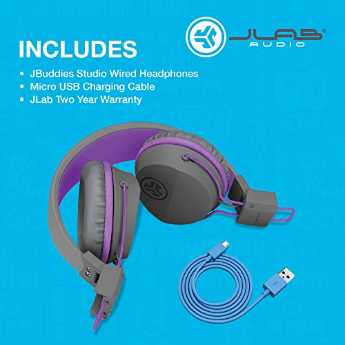 JLab Audio JBuddies Studio Bluetooth On-Ear Kids Headphones | 13 Hour Battery Life | Studio Volume Safe | Volume Limiter | Folding | Adjustable | Noise Isolation | with Mic | Gray/Purple