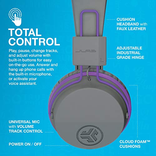 JLab Audio JBuddies Studio Bluetooth On-Ear Kids Headphones | 13 Hour Battery Life | Studio Volume Safe | Volume Limiter | Folding | Adjustable | Noise Isolation | with Mic | Gray/Purple