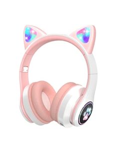 vuykoo kids headphones with microphone/rgb led light up, cat ear bluetooth headphones 94db volume limiting, foldable stereo over-ear headphones for kids tablet/school/ipad/smartphone (pink)
