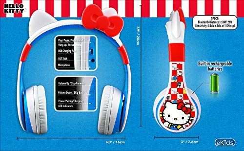 eKids Hello Kitty Kids Bluetooth Headphones, Wireless Headphones with Microphone Includes Aux Cord, Volume Reduced Kids Foldable Headphones for School, Home, or Travel