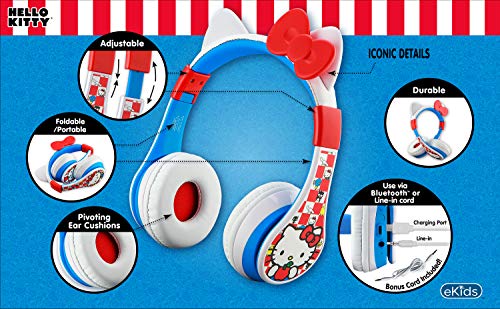 eKids Hello Kitty Kids Bluetooth Headphones, Wireless Headphones with Microphone Includes Aux Cord, Volume Reduced Kids Foldable Headphones for School, Home, or Travel