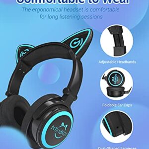 MindKoo Cat Ear Bluetooth Headphones with Microphone, LED Light Up Over Ear Headphones, Volume Control and Foldable Headset for Tablet/PC/iPad/Cell Phones, Gift for Kids Boys & Girls