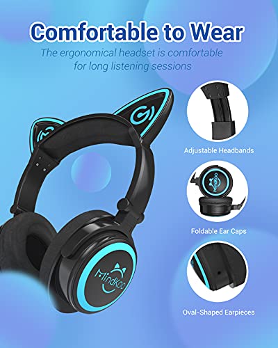 MindKoo Cat Ear Bluetooth Headphones with Microphone, LED Light Up Over Ear Headphones, Volume Control and Foldable Headset for Tablet/PC/iPad/Cell Phones, Gift for Kids Boys & Girls