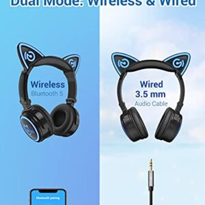 MindKoo Cat Ear Bluetooth Headphones with Microphone, LED Light Up Over Ear Headphones, Volume Control and Foldable Headset for Tablet/PC/iPad/Cell Phones, Gift for Kids Boys & Girls