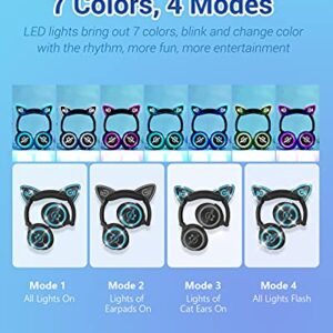 MindKoo Cat Ear Bluetooth Headphones with Microphone, LED Light Up Over Ear Headphones, Volume Control and Foldable Headset for Tablet/PC/iPad/Cell Phones, Gift for Kids Boys & Girls