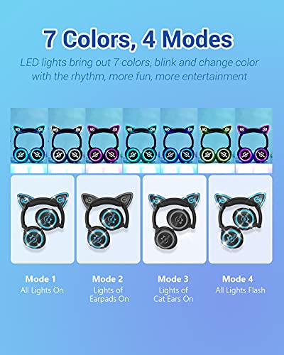 MindKoo Cat Ear Bluetooth Headphones with Microphone, LED Light Up Over Ear Headphones, Volume Control and Foldable Headset for Tablet/PC/iPad/Cell Phones, Gift for Kids Boys & Girls