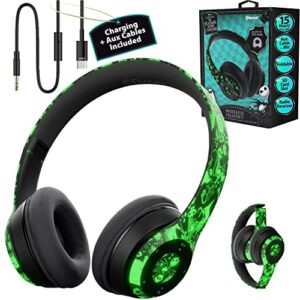 disney nightmare before christmas glow in the dark bluetooth headphones over ear, wireless and wired foldable headset built-in microphone – tim burton jack skellington & sally – adults kids