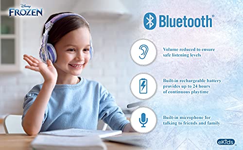 eKids Disney Frozen 2 Bluetooth Headphones with Microphone, Volume Reduced to Protect Hearing, Adjustable Wireless Headphones for School Home Travel, for Fans of Anna and Elsa