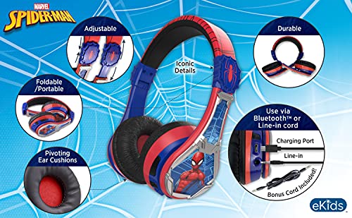 eKids Spiderman Bluetooth Kids Headphones with Microphone, Volume Reduced to Protect Hearing Rechargeable Battery, Adjustable Kids Headband for School Home or Travel