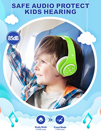 Kids Headphones Bluetooth Wireless 85db/110db Volume Limit Headset Fit for Aged 3-21 Over-Ear and Build-in Mic Wired & SD Card Mode Headphones for Boys Girls Travel School Phone Pad Tablet PC Green