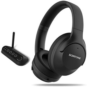 sointone hff86 wireless headphones for tv watching with bluetooth transmitter (digital optical aux rca), pass-through support, over ear headset for seniors, no delay, 40hrs playtime, 164ft long range