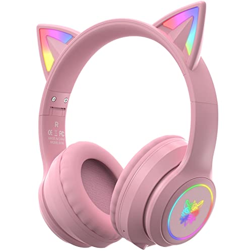 ONITOON Cat Ear Bluetooth Headphones with Micphone for Kids & Adults, LED Light Up Wireless HI-FI Sound Quality, Over-Ear Headphones with Volume Control for iPhone/iPad/Laptop/PC(55H Play Time)