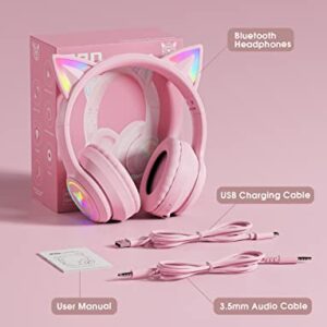 ONITOON Cat Ear Bluetooth Headphones with Micphone for Kids & Adults, LED Light Up Wireless HI-FI Sound Quality, Over-Ear Headphones with Volume Control for iPhone/iPad/Laptop/PC(55H Play Time)