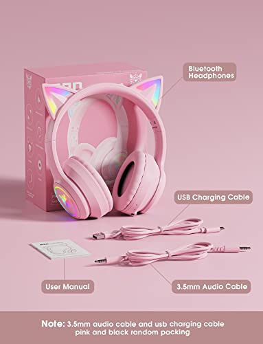 ONITOON Cat Ear Bluetooth Headphones with Micphone for Kids & Adults, LED Light Up Wireless HI-FI Sound Quality, Over-Ear Headphones with Volume Control for iPhone/iPad/Laptop/PC(55H Play Time)