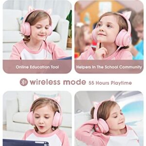 ONITOON Cat Ear Bluetooth Headphones with Micphone for Kids & Adults, LED Light Up Wireless HI-FI Sound Quality, Over-Ear Headphones with Volume Control for iPhone/iPad/Laptop/PC(55H Play Time)