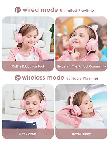 ONITOON Cat Ear Bluetooth Headphones with Micphone for Kids & Adults, LED Light Up Wireless HI-FI Sound Quality, Over-Ear Headphones with Volume Control for iPhone/iPad/Laptop/PC(55H Play Time)