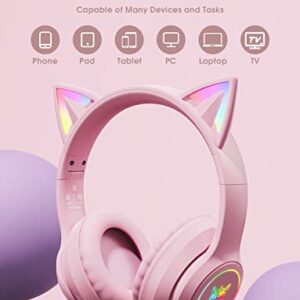 ONITOON Cat Ear Bluetooth Headphones with Micphone for Kids & Adults, LED Light Up Wireless HI-FI Sound Quality, Over-Ear Headphones with Volume Control for iPhone/iPad/Laptop/PC(55H Play Time)