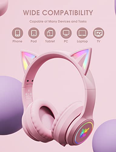 ONITOON Cat Ear Bluetooth Headphones with Micphone for Kids & Adults, LED Light Up Wireless HI-FI Sound Quality, Over-Ear Headphones with Volume Control for iPhone/iPad/Laptop/PC(55H Play Time)