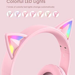 ONITOON Cat Ear Bluetooth Headphones with Micphone for Kids & Adults, LED Light Up Wireless HI-FI Sound Quality, Over-Ear Headphones with Volume Control for iPhone/iPad/Laptop/PC(55H Play Time)