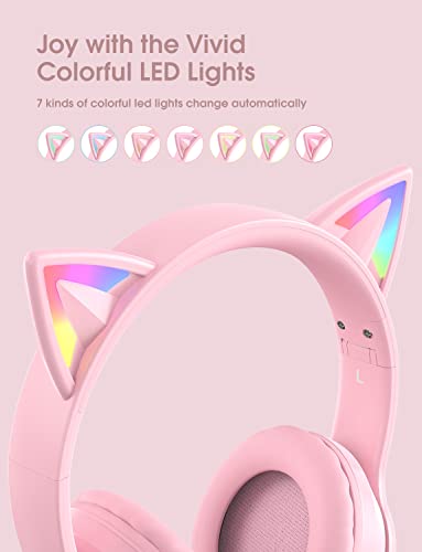 ONITOON Cat Ear Bluetooth Headphones with Micphone for Kids & Adults, LED Light Up Wireless HI-FI Sound Quality, Over-Ear Headphones with Volume Control for iPhone/iPad/Laptop/PC(55H Play Time)