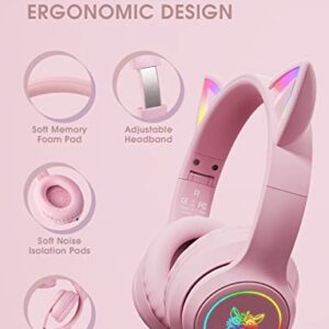 ONITOON Cat Ear Bluetooth Headphones with Micphone for Kids & Adults, LED Light Up Wireless HI-FI Sound Quality, Over-Ear Headphones with Volume Control for iPhone/iPad/Laptop/PC(55H Play Time)