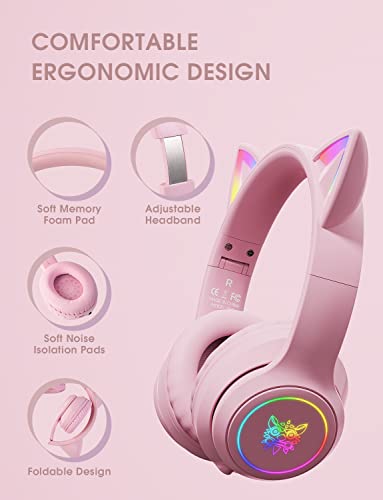 ONITOON Cat Ear Bluetooth Headphones with Micphone for Kids & Adults, LED Light Up Wireless HI-FI Sound Quality, Over-Ear Headphones with Volume Control for iPhone/iPad/Laptop/PC(55H Play Time)