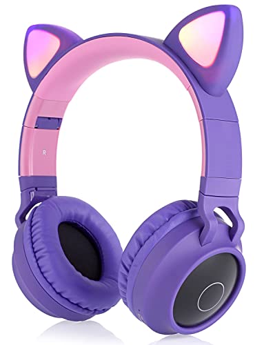 Usoun Kids Wireless Headphones,Cat Ear LED Light Up Wireless Foldable Headphones Over Ear with MIC,Stereo Sound,FM Radio/TF Card,Childrens Headset for Boys Girls Adults,School Study Home (Purple)