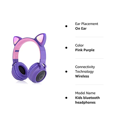 Usoun Kids Wireless Headphones,Cat Ear LED Light Up Wireless Foldable Headphones Over Ear with MIC,Stereo Sound,FM Radio/TF Card,Childrens Headset for Boys Girls Adults,School Study Home (Purple)