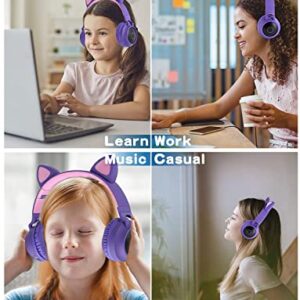 Usoun Kids Wireless Headphones,Cat Ear LED Light Up Wireless Foldable Headphones Over Ear with MIC,Stereo Sound,FM Radio/TF Card,Childrens Headset for Boys Girls Adults,School Study Home (Purple)