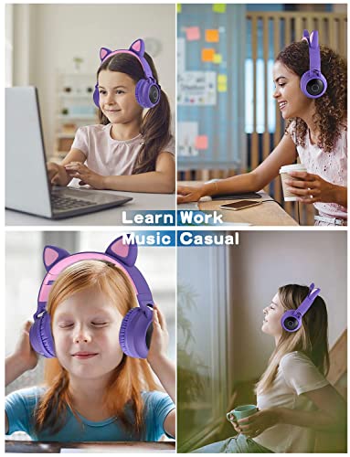 Usoun Kids Wireless Headphones,Cat Ear LED Light Up Wireless Foldable Headphones Over Ear with MIC,Stereo Sound,FM Radio/TF Card,Childrens Headset for Boys Girls Adults,School Study Home (Purple)