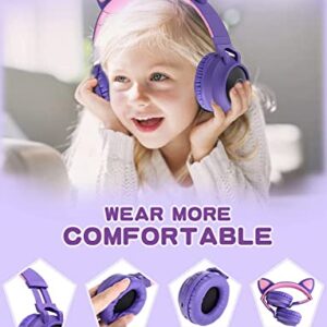 Usoun Kids Wireless Headphones,Cat Ear LED Light Up Wireless Foldable Headphones Over Ear with MIC,Stereo Sound,FM Radio/TF Card,Childrens Headset for Boys Girls Adults,School Study Home (Purple)