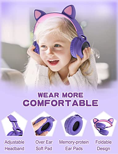 Usoun Kids Wireless Headphones,Cat Ear LED Light Up Wireless Foldable Headphones Over Ear with MIC,Stereo Sound,FM Radio/TF Card,Childrens Headset for Boys Girls Adults,School Study Home (Purple)